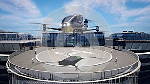 Autonomous driverless aerial vehicle takeoff on rooftop, 3d render