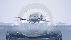 Autonomous driverless aerial vehicle takeoff on rooftop, 3d render