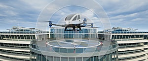 Autonomous driverless aerial vehicle takeoff on rooftop, 3d render