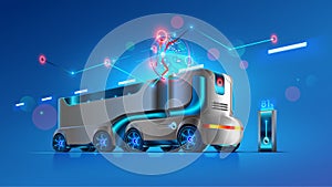 Autonomous driverless truck. Driverless cargo vehicle. Automation interurban delivery transport. photo