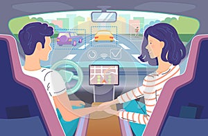 Autonomous driving. Couple riding self-driving car. Driver keeping hands off the steering wheel inside a driverless electric car