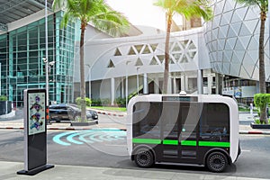 Autonomous electric bus self driving on street, Smart vehicle technology concept