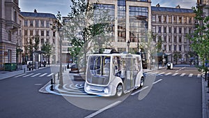 Autonomous electric bus self driving on street, Smart vehicle technology concept, 3d render