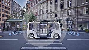 Autonomous electric bus self driving on street, Smart vehicle technology concept, 3d render