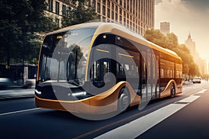 autonomous electric bus transporting passengers on city street