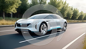 Autonomous electric car. Futuristic vehicle, H2 fuel cell.