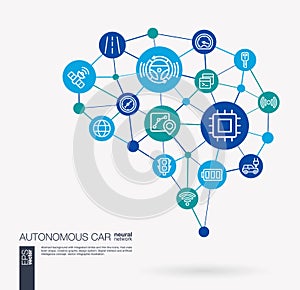 Autonomous electric car, self-driving, autopilot integrated business vector icons. Digital mesh smart brain idea photo