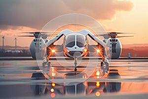 Autonomous electric flying car with headlights on at sunset photo