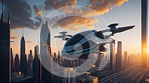 autonomous flying taxis gracefully soaring through the city skyline