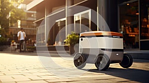 Autonomous food Delivery Vehicle driving in the city. Self driving delivery robot car