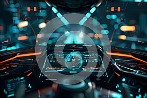 Autonomous futuristic car dashboard concept with HUD and hologram screens and infotainment system