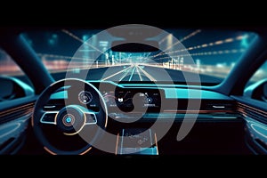 autonomous futuristic car dashboard view at night with hologram screens wide banner,Generative AI