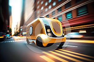 Autonomous futuristic delivery yellow car in a city, illustration ai generative