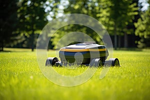 autonomous lawnmower mowing a green lawn