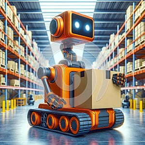 Autonomous orange robots with packages in futuristic warehouse setting. Smart logistics, AI concept