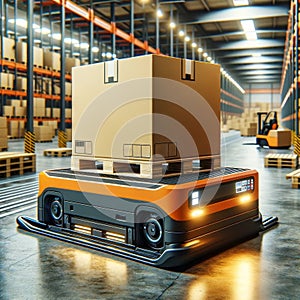 Autonomous orange robots with packages in futuristic warehouse setting. Smart logistics, AI concept