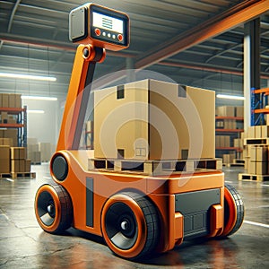 Autonomous orange robots with packages in futuristic warehouse setting. Smart logistics, AI concept