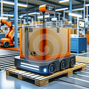 Autonomous orange robots with packages in futuristic warehouse setting. Smart logistics, AI concept