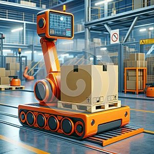 Autonomous orange robots with packages in futuristic warehouse setting. Smart logistics, AI concept