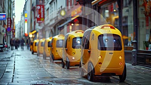 Autonomous Pods Navigate Rainy European Street at Dusk