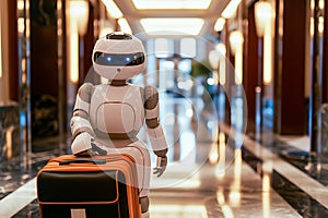 An autonomous robot is available to help guests carry their luggage in hotel corridors