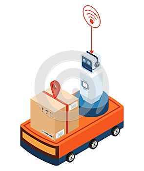 Autonomous robot carry cardboard box on wheels delivers purchases home. Automated courier delivery service for buying.