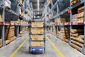 Autonomous robot delivery in warehouses with 5g wireless connection, Smart industry 4.0 concept photo