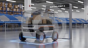 Autonomous robot carrying boxes in a modern warehouse for efficient sorting and delivery