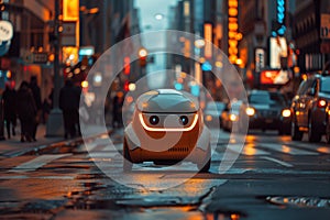 Autonomous robot facing city lights during dusk