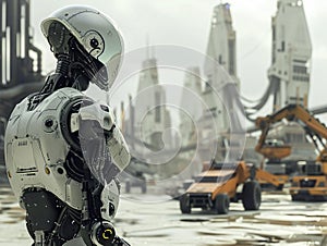 An autonomous robot in a futuristic city, its intelligent systems flawlessly interacting with primitive tools and vehicles