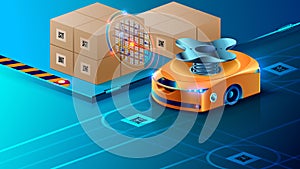 Autonomous Robot, Guided of Artificial Intelligence on Automated Warehouse. Smart Drone Distributes Parcels in Logistics photo