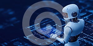 Autonomous robot interacting with digital interface and glowing pathways