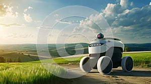 Autonomous Robot in Lush Green Field Under Cloudy Sky