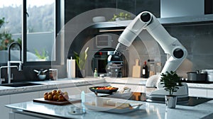 An autonomous robotic arm equipped with culinary tools, precisely chopping vegetables on a modern kitchen countertop
