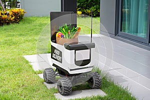 Autonomous robots deliver food to customers, Smart artificial intelligence technology concept