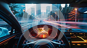 An autonomous self-driving 3D car explores the modern city highway. Visualization Concept: AI Sensors scan the road for
