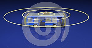 Autonomous self driving bus emitting yellow scan signals. 3d rendering illustration