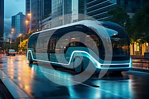 Autonomous self driving bus shuttle on a city street.