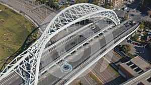 Autonomous Self Driving Car Concept. Aerial view of Electric car moving on city bridge with Artificial Intelligence