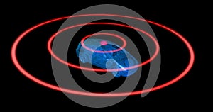 Autonomous self driving car with lidar scan signal. Vehicle has wireframe surface . photo