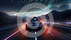 Autonomous Self-Driving Car Moving Through Highway with light trails