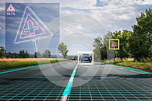 Autonomous self-driving car is recognizing road signs. Computer vision and artificial intelligence concept photo