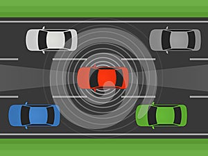 Autonomous self driving car, vehicle or automobile with lidar and radar flat illustration