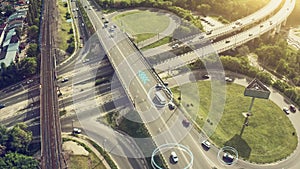 Autonomous Self Driving Cars Concept. Aerial view of cars and buses moving on city intersection and Artificial photo