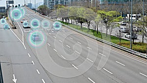 Autonomous Self Driving Cars Moving Through City.