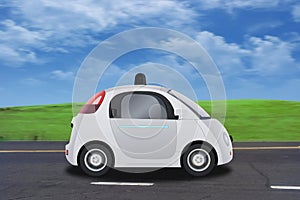 Autonomous self-driving driverless vehicle driving on the road