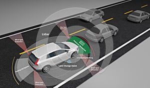 Autonomous self-driving electric car showing Lidar and Safety sensors, 3d rendering