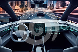 Autonomous self-driving futuristic car without driver. First-person view