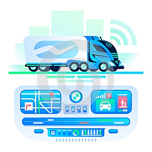 Autonomous self-driving truck on the road. Remote control transport center. Unmanned truck, future futuristic car