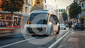 Autonomous Shuttle Bus Navigating Urban Street at Twilight